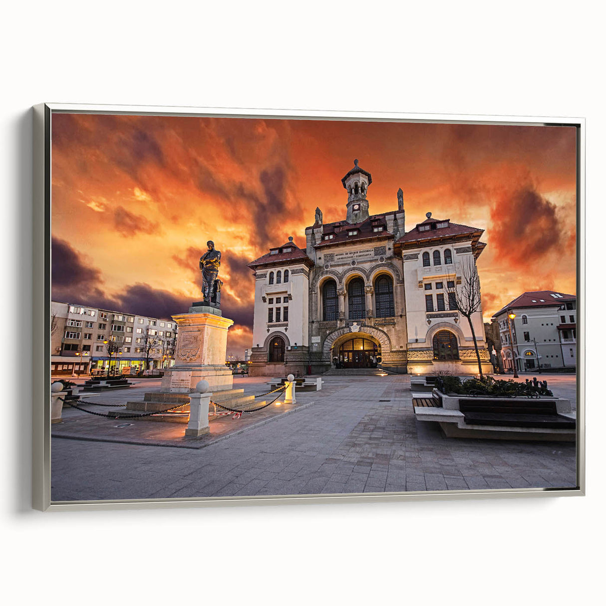 Landscape art painting of a scenic Romanian village on framed canvas, featuring colorful art in vintage poster style.