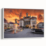 Vintage poster art of a Romanian landscape on framed canvas, featuring colorful imagery against a black background.