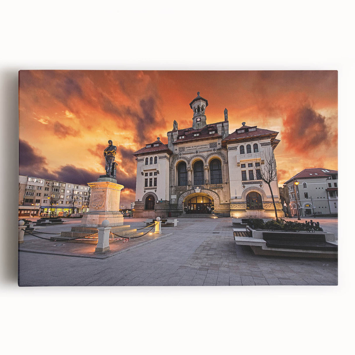 Black and white photograph of a scenic Romanian landscape on stretched canvas, ideal for kitchen wall art.