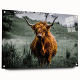 Acrylic print of a Scottish landscape in muted greens and blues, ideal for dining room decor.