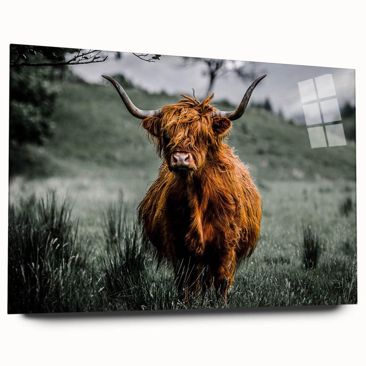 Acrylic print of a Scottish landscape in muted greens and blues, suitable as bedroom or dining room art.