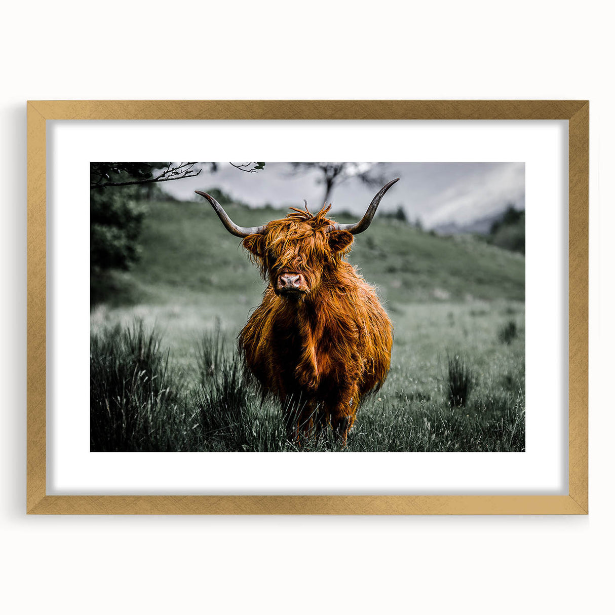 Abstract art print of a Scottish landscape in muted greens and blues, framed in gold, suitable for dining room decor.
