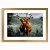 Abstract art print of a Scottish landscape in muted greens and blues, framed in gold, suitable for dining room decor.