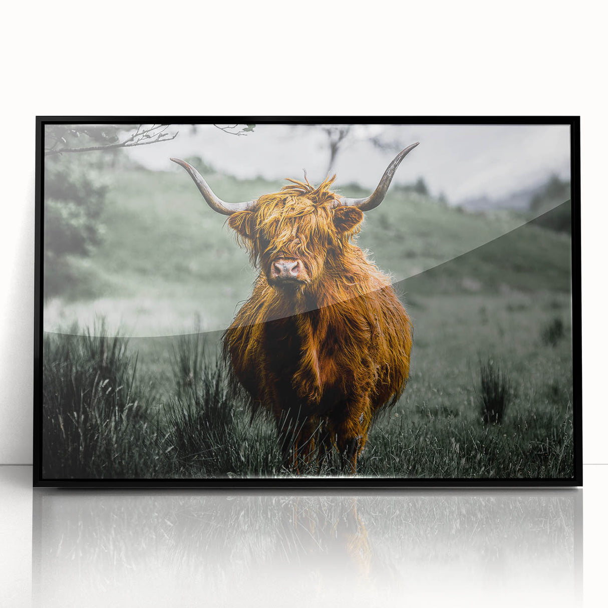 Large abstract wall art depicting a European Scottish landscape in muted earth tones, framed in black acrylic.