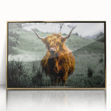 Art deco poster of a Scottish landscape in muted greens and blues, framed acrylic, ideal for modern art wall decor.