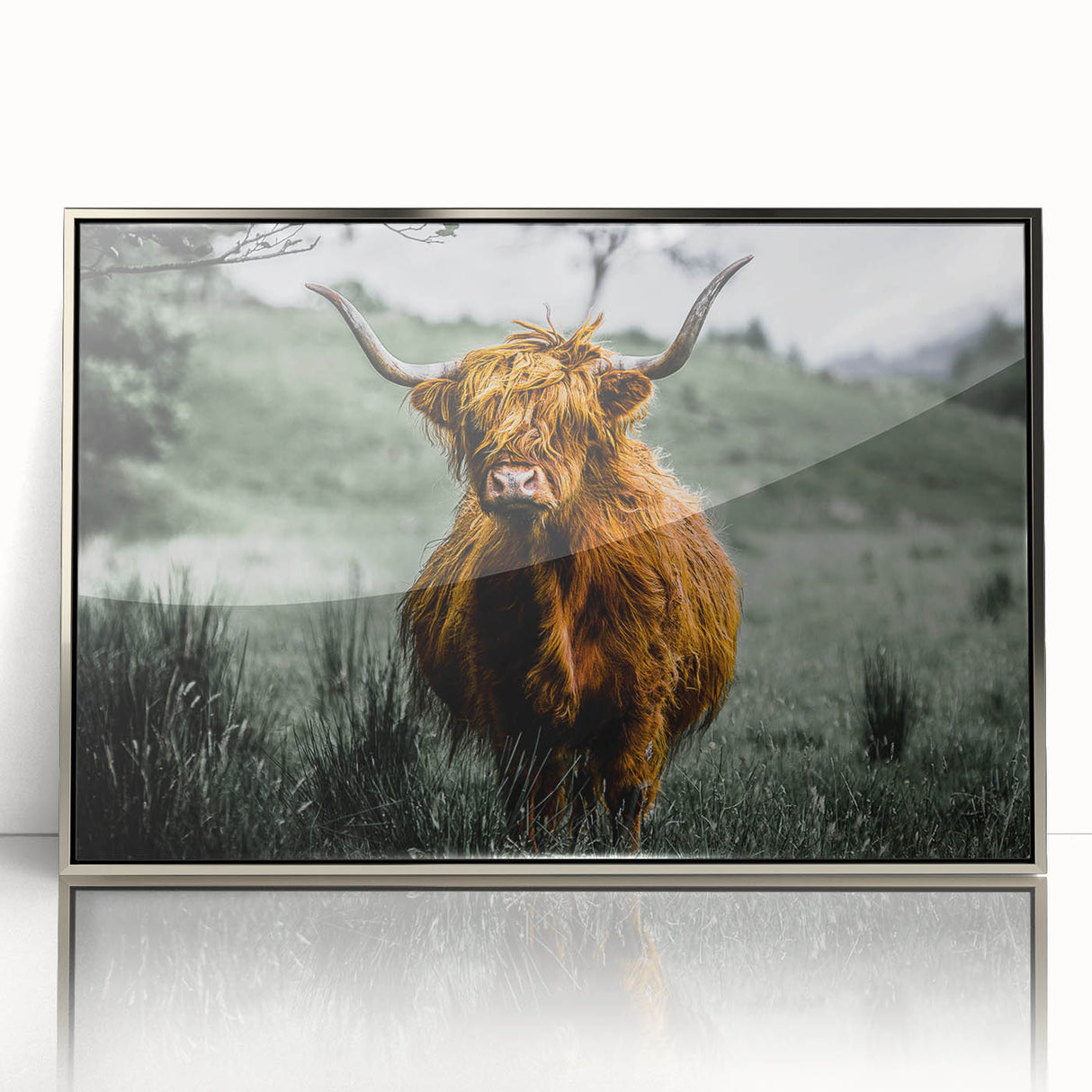 Large art print of a Scottish landscape in muted earth tones on a silver-framed acrylic, suitable for modern art wall decor.