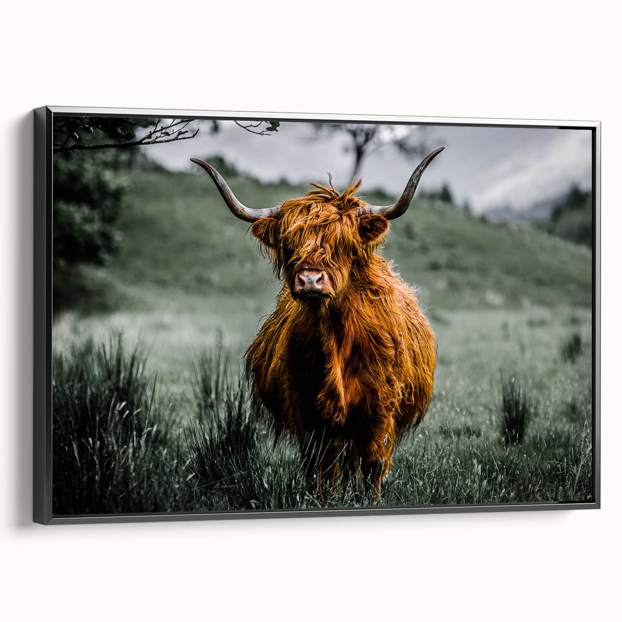 Black and white framed canvas of a Scottish landscape, featuring muted tones, ideal for bedroom wall decor.