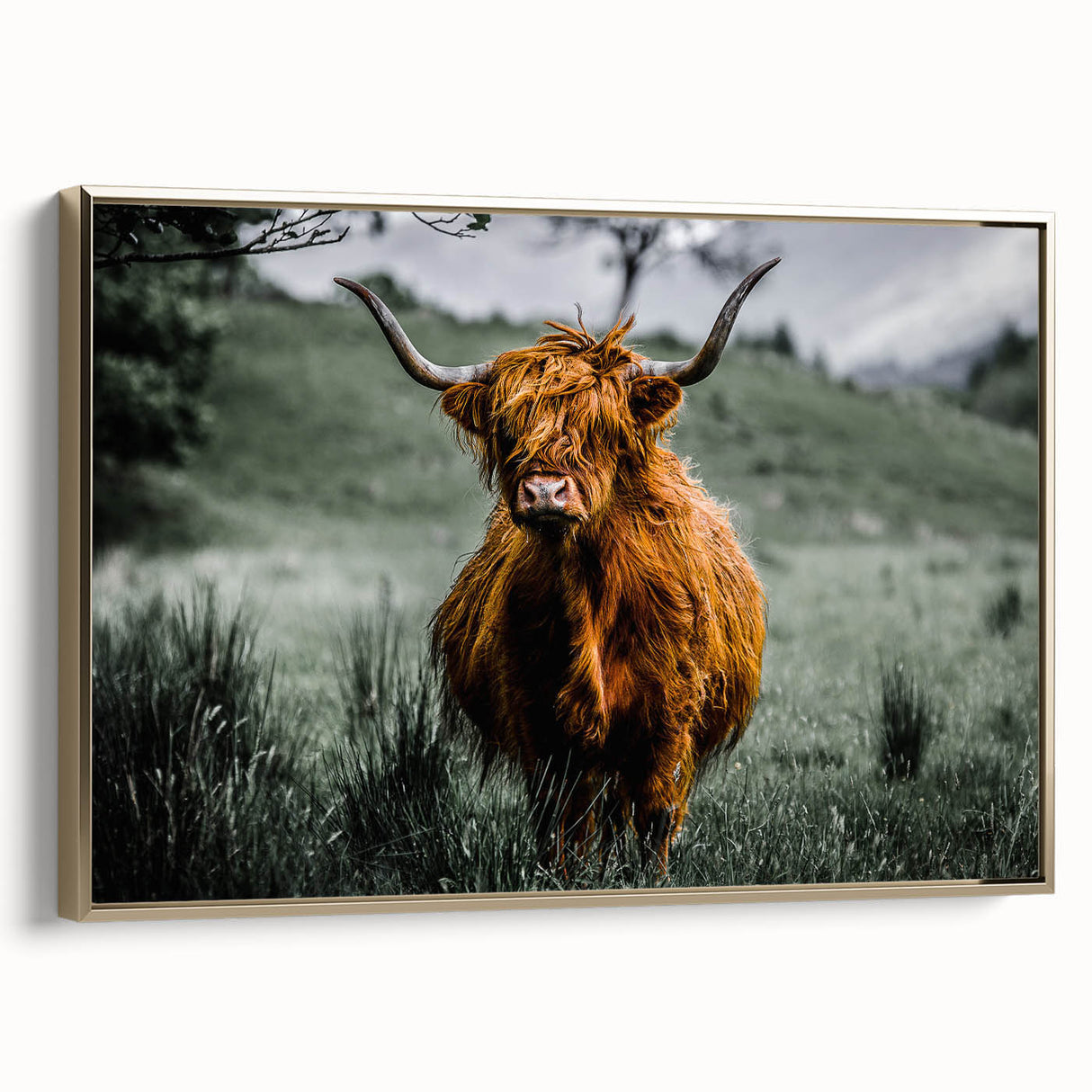 Framed canvas depicting a vintage Scottish landscape in muted earth tones, ideal for bedroom wall decor.