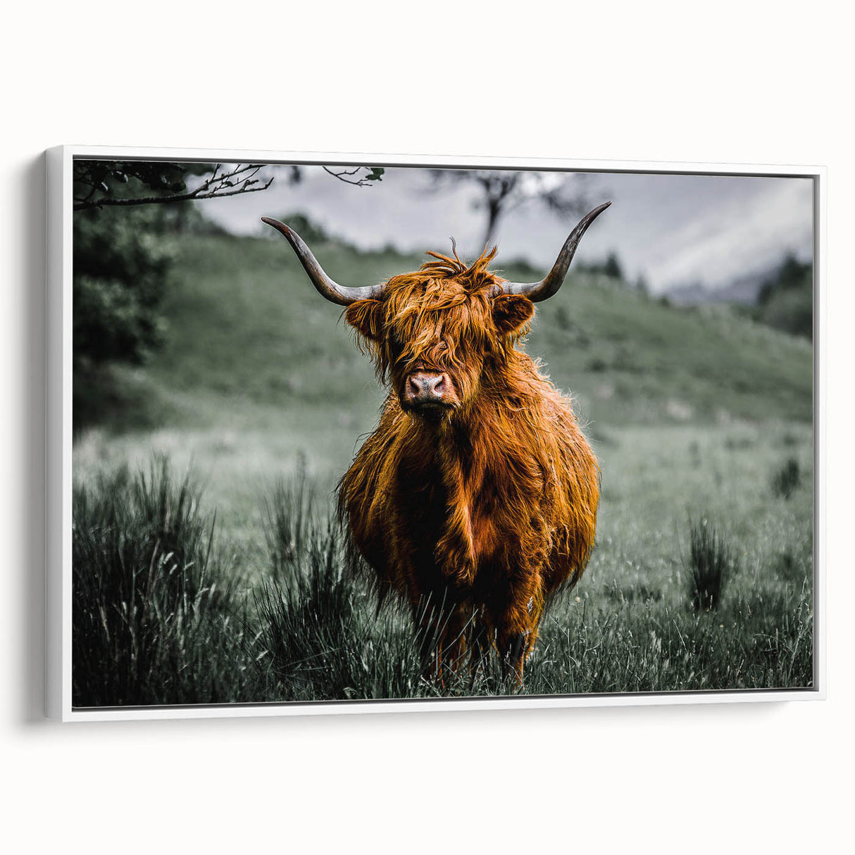 Vintage poster art of a Scottish landscape on framed canvas, featuring muted earth tones, ideal for living room decor.