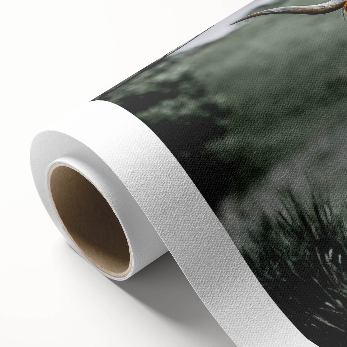 Art Deco-style poster of a Scottish landscape on rolled canvas, featuring muted green and blue tones.