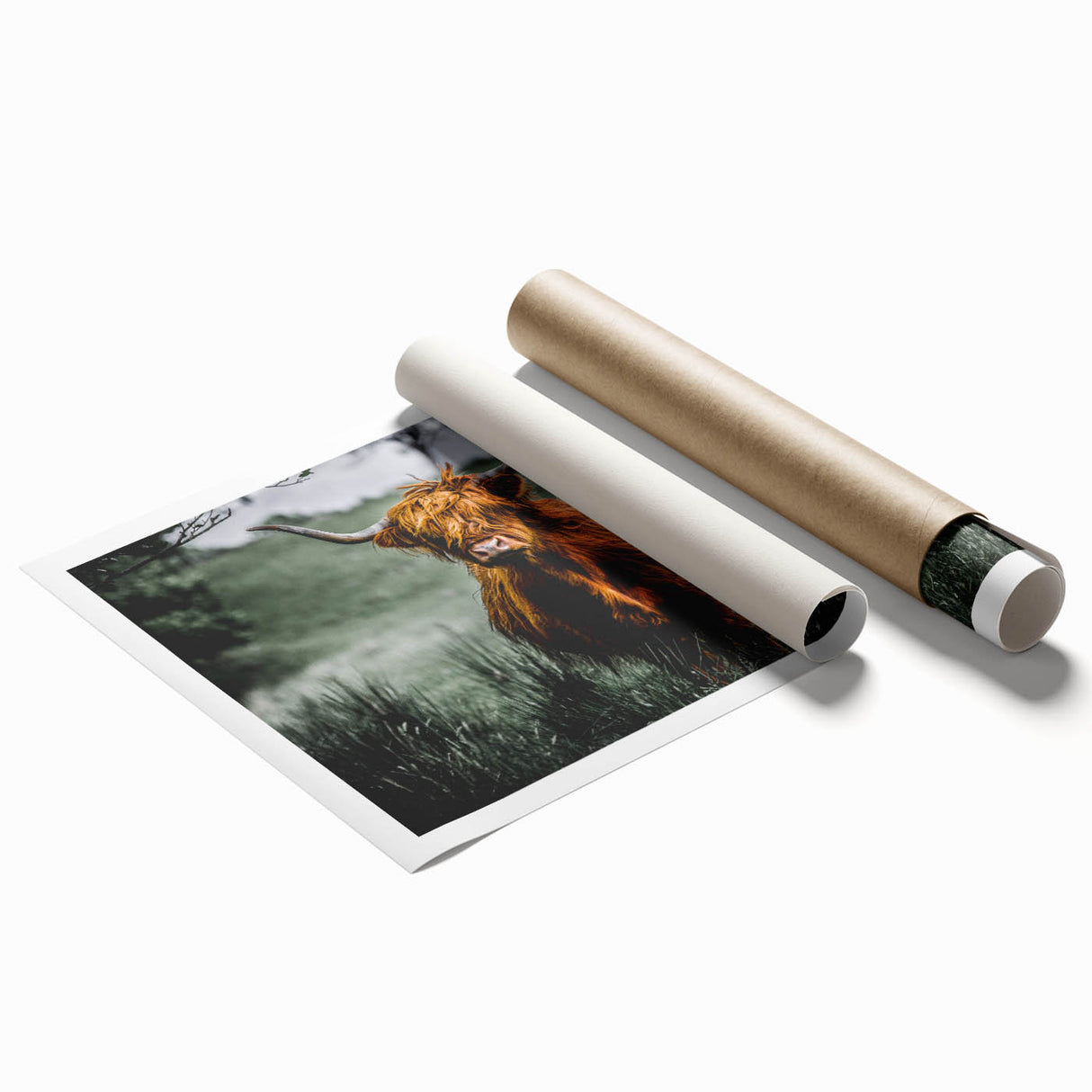 Extra large rolled print of a Scottish landscape with muted green and blue tones, ideal for classy bathroom wall decor.