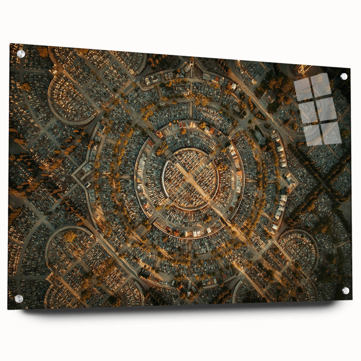 Acrylic print of Madrid cityscape in muted earth tones, ideal for dining room decor.