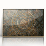 Large art print of Madrid cityscape in mid-century modernist style, framed in gold acrylic.