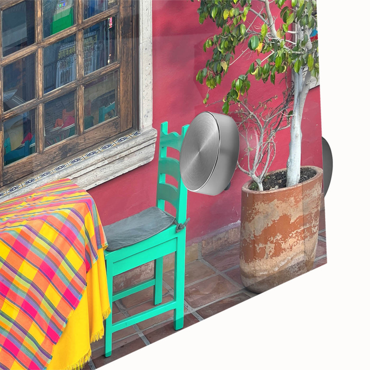Large abstract wall art of Cabo San Lucas scenery in mid-century modernist style on acrylic glass, ideal for dining room art.