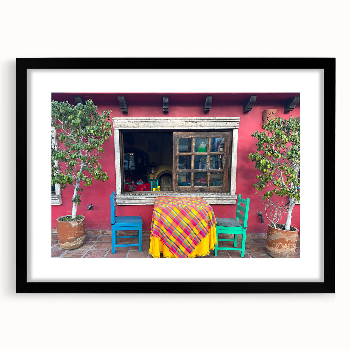 Extra large textured abstract art print of Cabo San Lucas scenery in vibrant colors on a framed black mat.