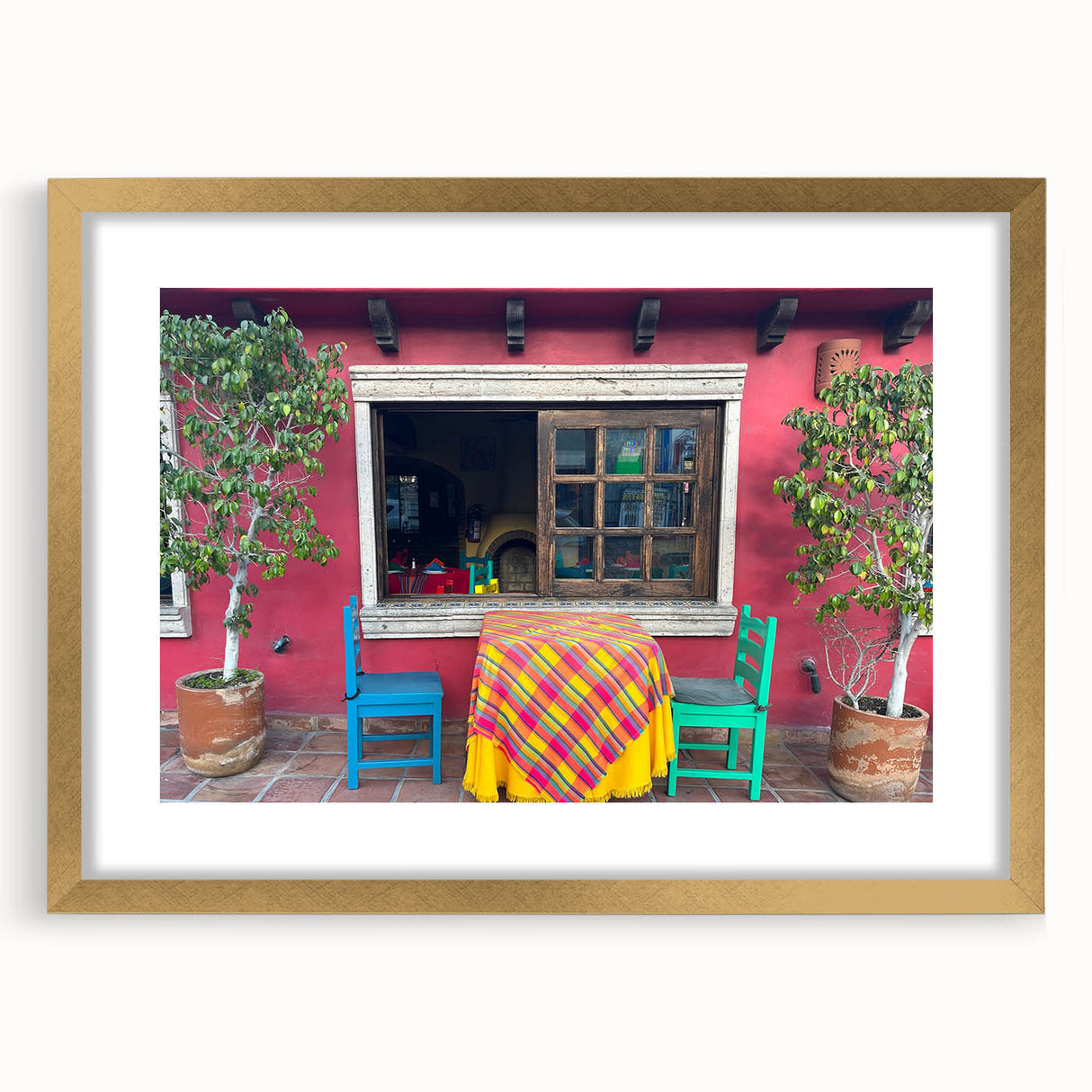 Extra large abstract art print of Cabo San Lucas scenery in gold frame, ideal for living room decor.
