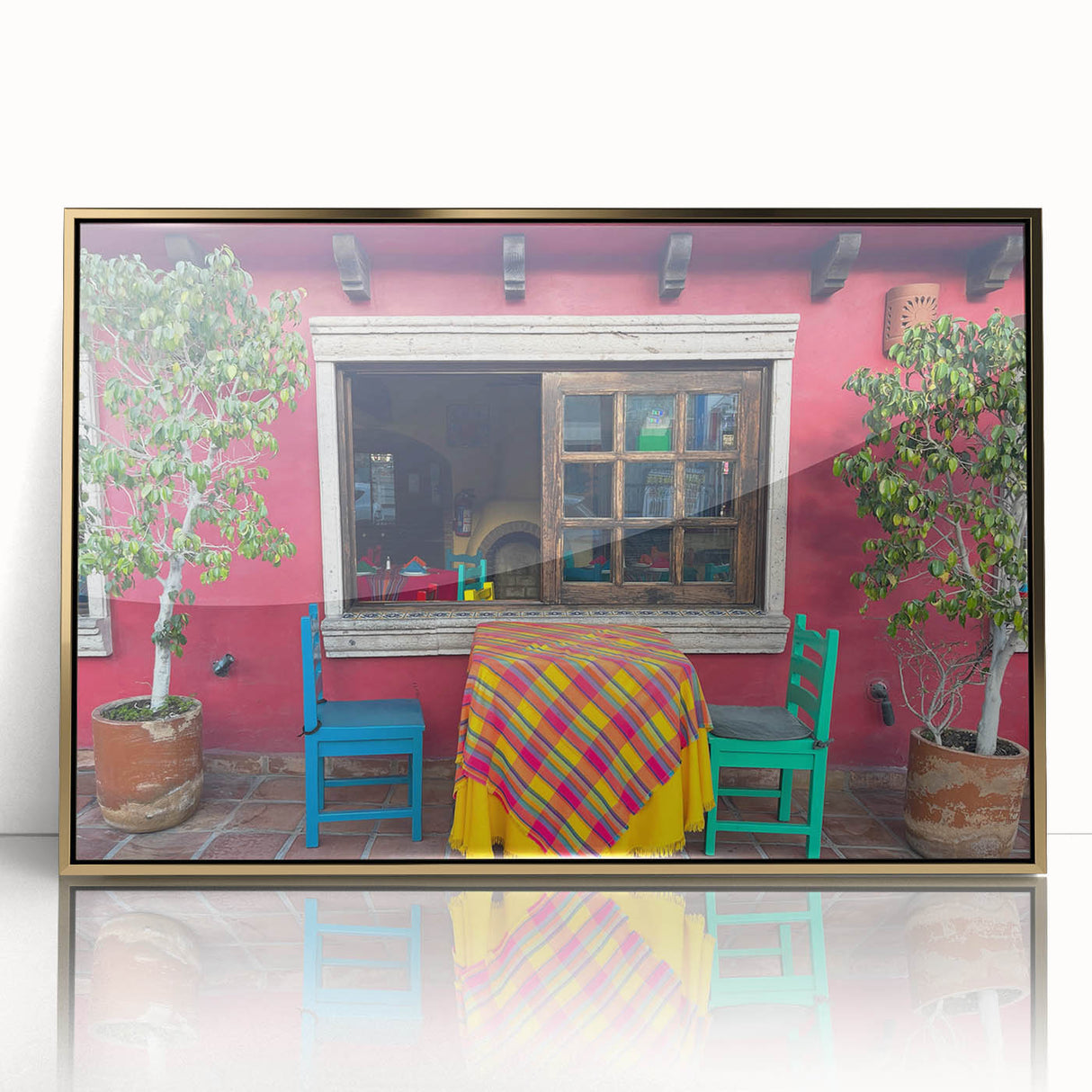 Framed acrylic print of Cabo San Lucas scenery in mid-century modernist style, ideal for modern art wall decor.