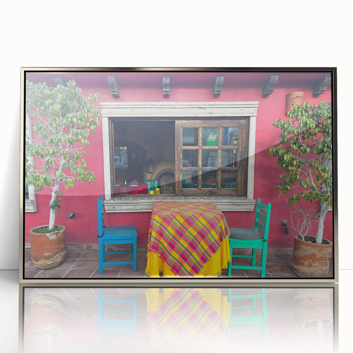 Mid-century modernist art of Cabo San Lucas landscape on silver-framed acrylic, with vibrant blue and green tones.