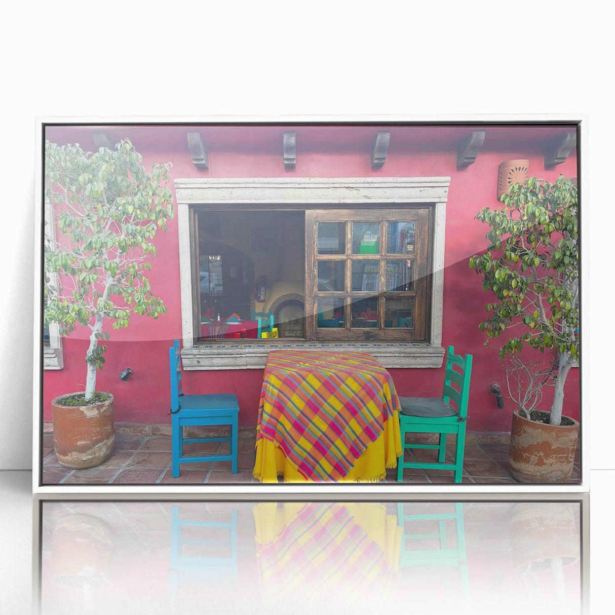 Framed acrylic print of Cabo San Lucas scenery in muted blues and greens, ideal for modern art wall decor.