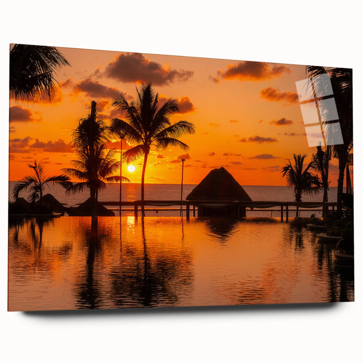 Acrylic print of a large abstract depiction of Cancun scenery, in vibrant blues and greens.