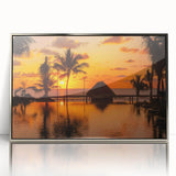 Mid-century modernist art depicting Cancun scenery in muted blue tones on a framed acrylic print.