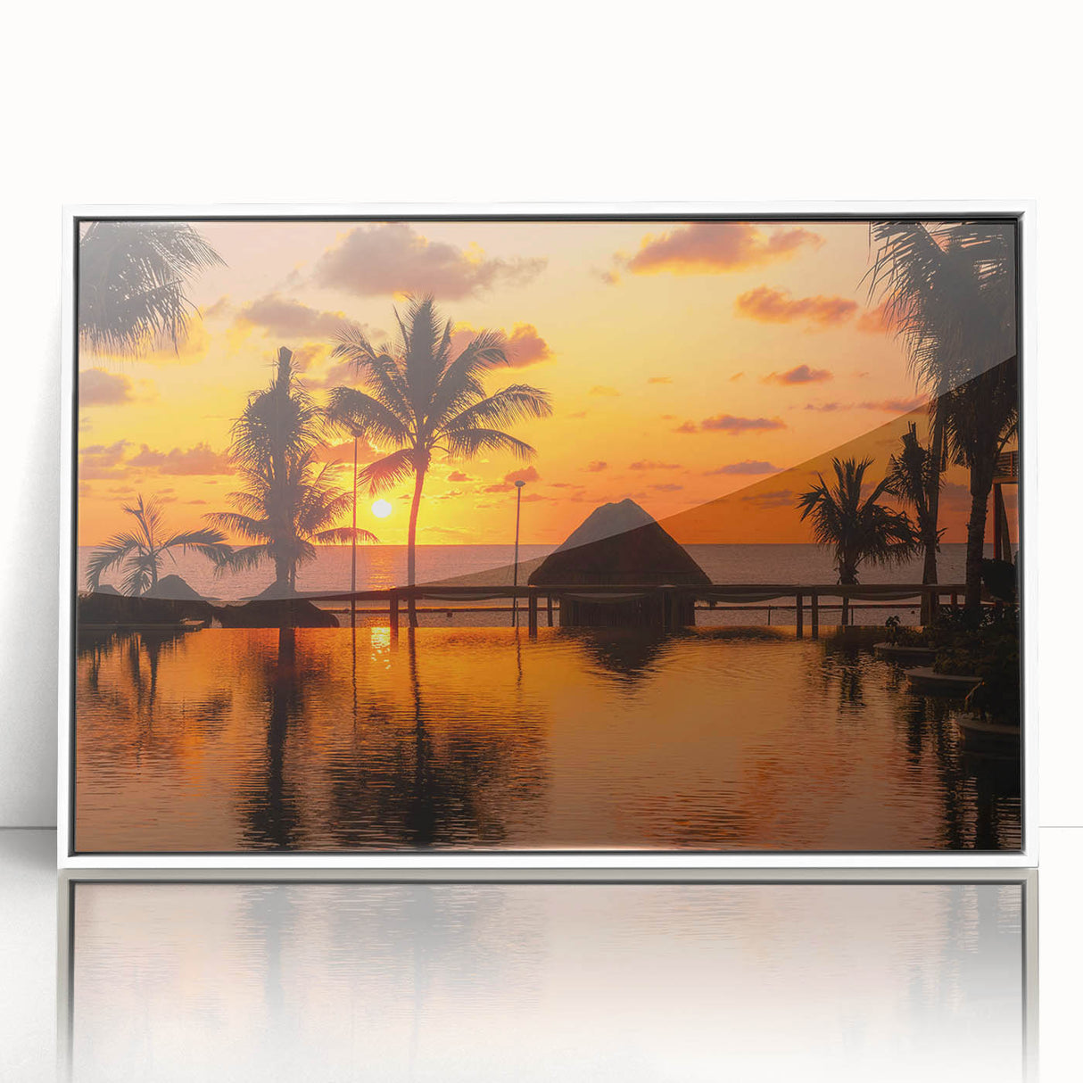 Framed acrylic print of a Cancun scenery in art deco style, with vibrant ocean and sky tones.