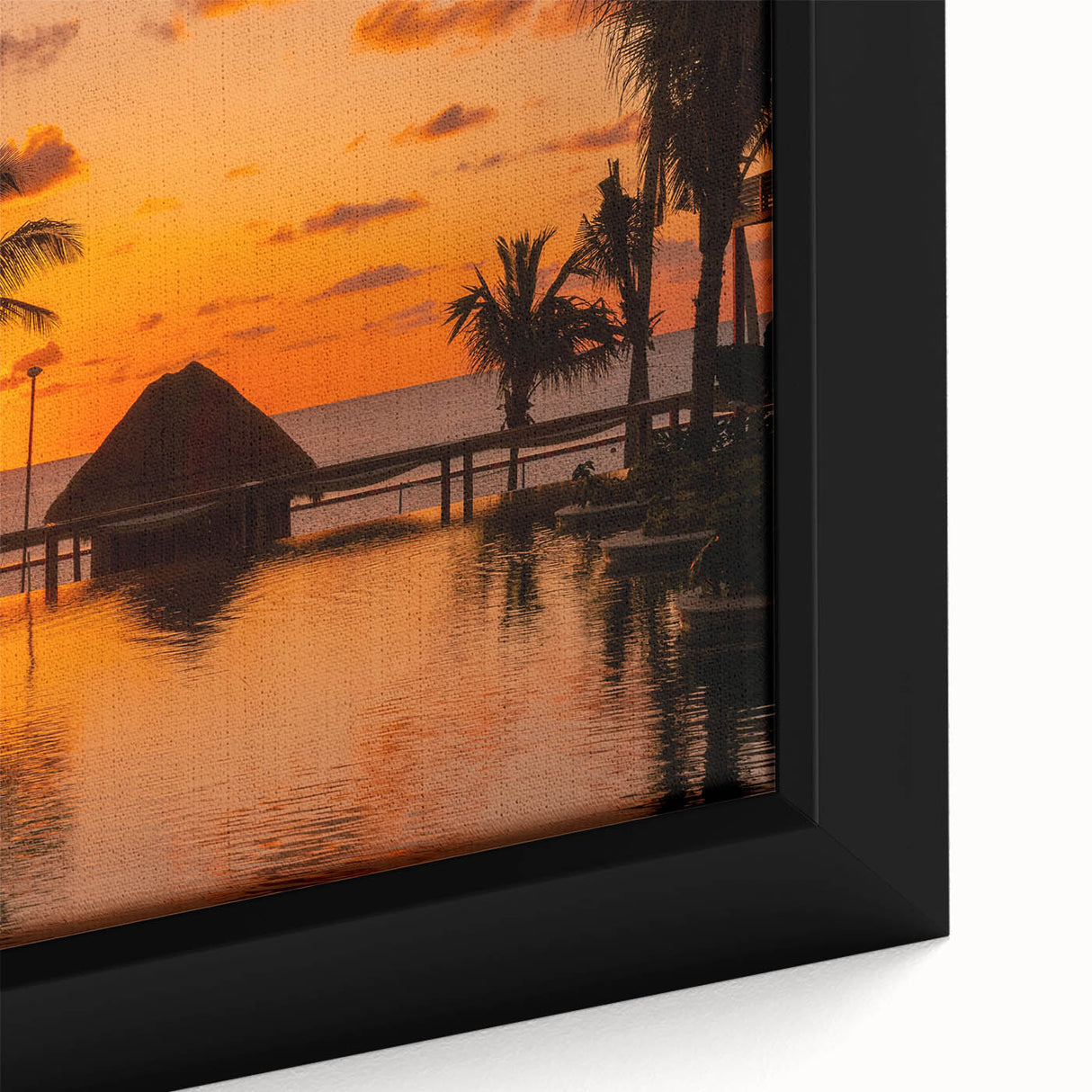 Black wall art featuring a textured Cancun scenery in vibrant colors on a framed canvas, ideal for living room decor.