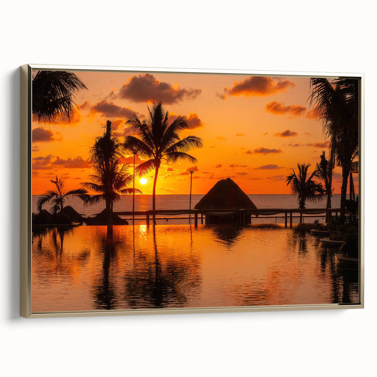Framed canvas of a vintage-style Cancun landscape with a black and gold color scheme, ideal for bedroom wall art.