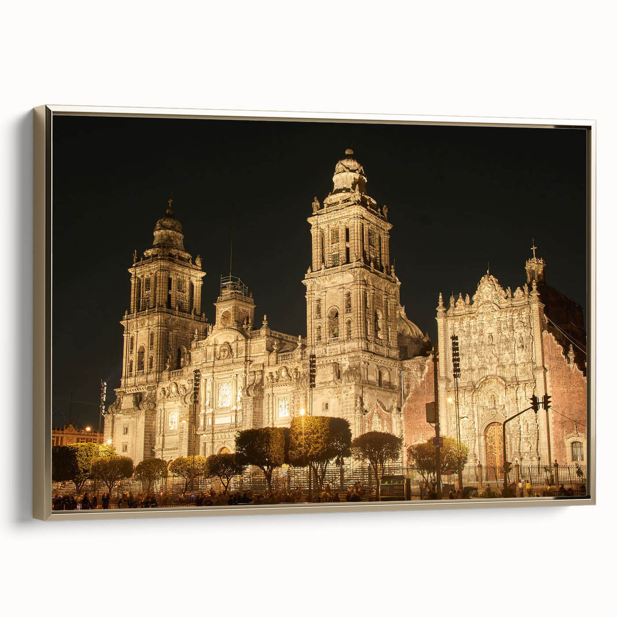 Framed canvas of vintage-style Mexico City landscape in muted gold and black, ideal for bedroom wall art.