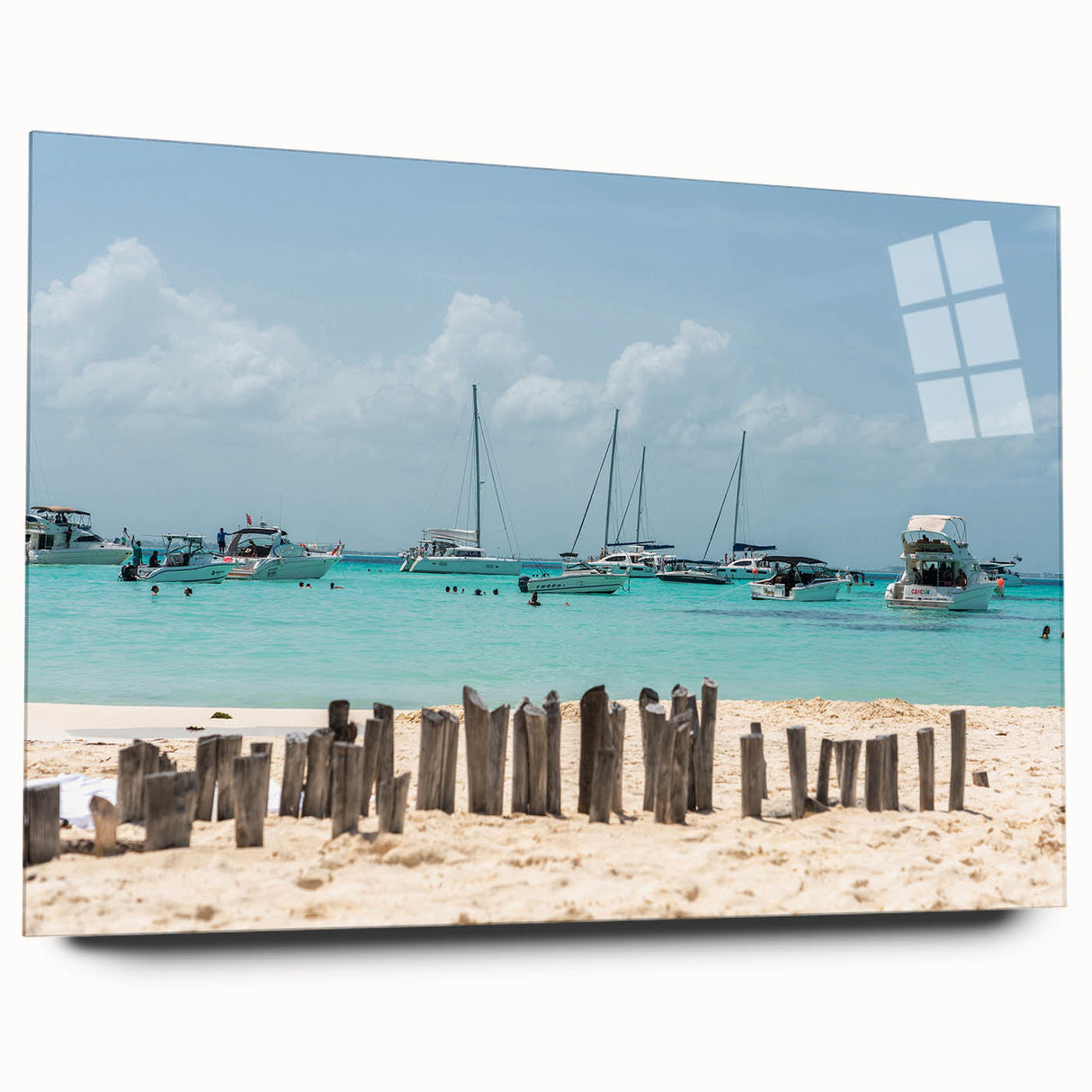 Large abstract wall art of Quintana Roo scenery in muted blue and green tones on acrylic glass.
