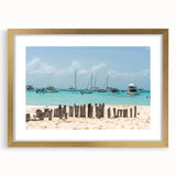 Extra large abstract art print of Quintana Roo scenery in textured style, with vibrant blues and greens, framed in gold.