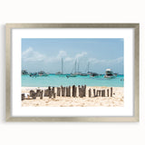 Textured art print depicting abstract scenery of Quintana Roo, Mexico in blue and green tones on a framed canvas.