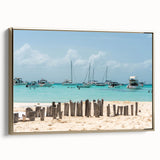 Framed canvas featuring a vintage-style landscape painting of Quintana Roo, Mexico, with muted gold and black tones.