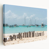 Large stretched canvas depicting a serene Quintana Roo landscape in soft blue and green tones, ideal for kitchen wall art.
