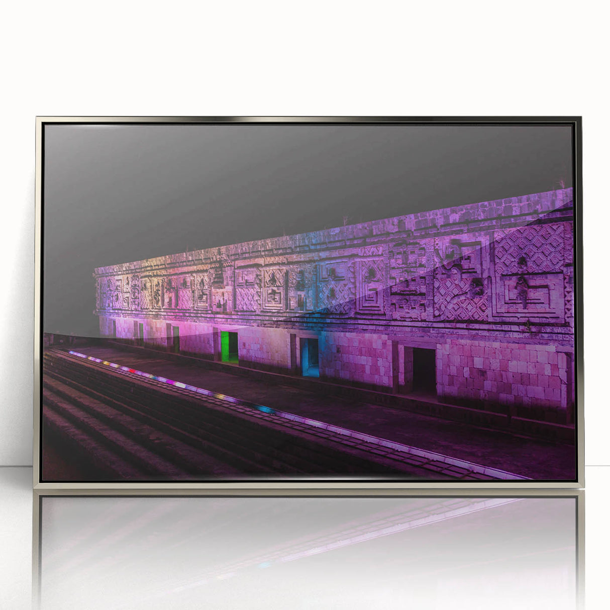 Mid-century modernist art depicting Yucatan scenery in silver-framed acrylic, ideal for nursery wall art.