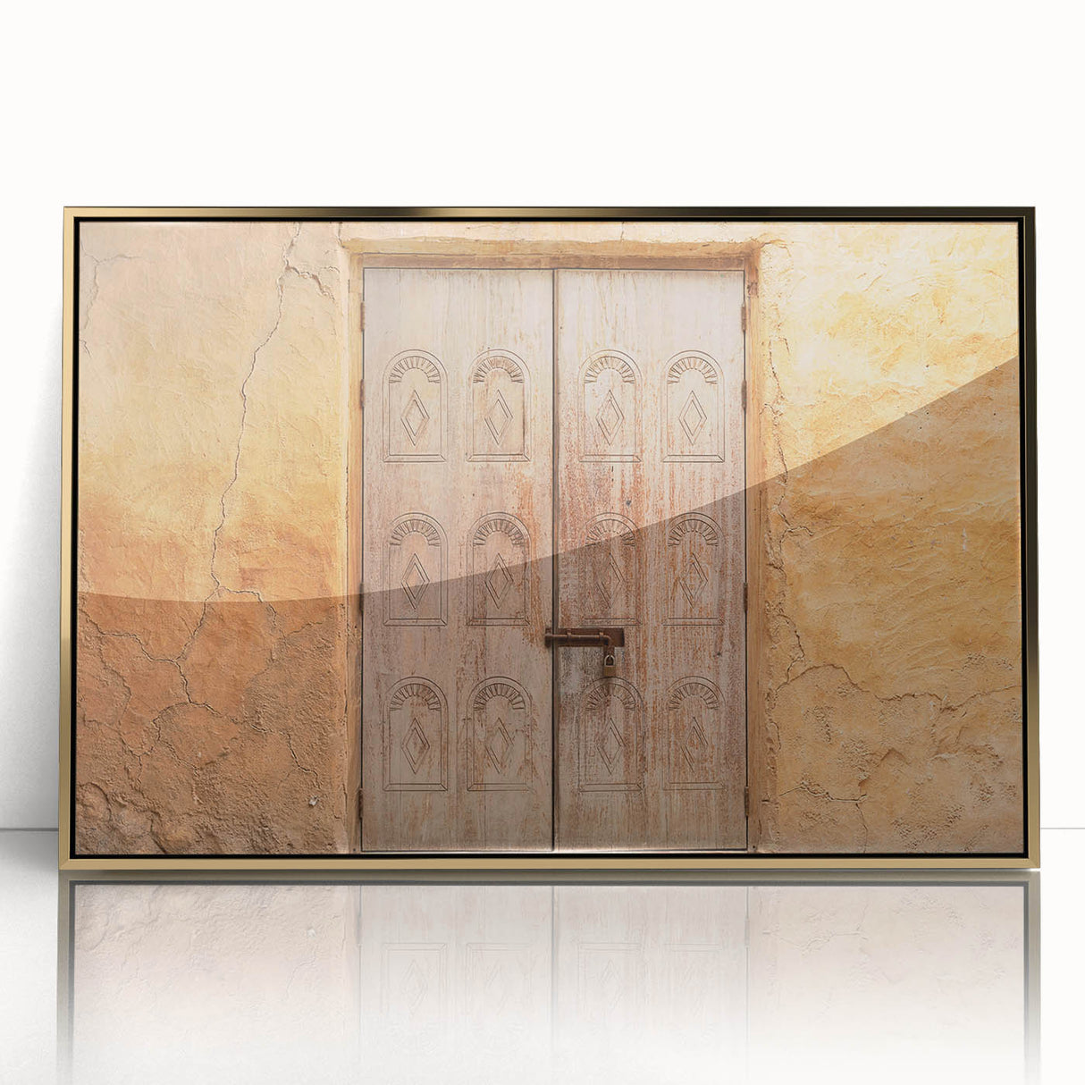 Large art print of Dubai skyline in gold and blue tones on acrylic, framed, in a mid-century modernist style.