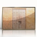 Large art print of Dubai skyline in gold and blue tones on acrylic, framed, in a mid-century modernist style.