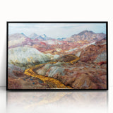 Large abstract wall art depicting a Middle Eastern scenery in muted earth tones on a framed acrylic.