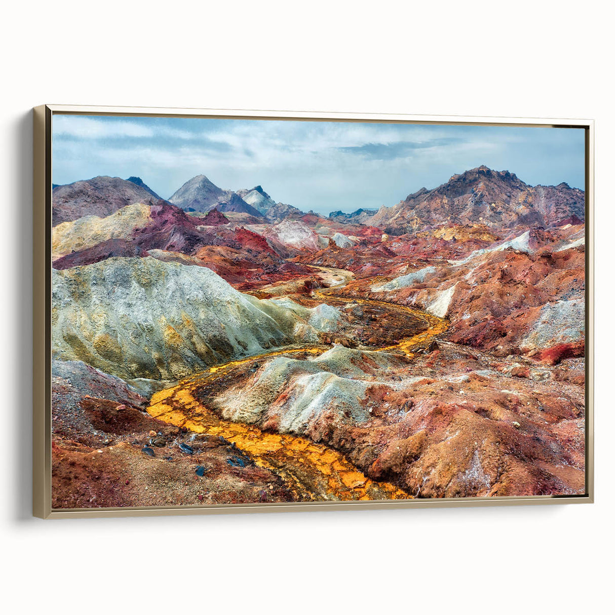Framed canvas depicting a vintage-style landscape of Middle Eastern scenery, using gold and black tones.