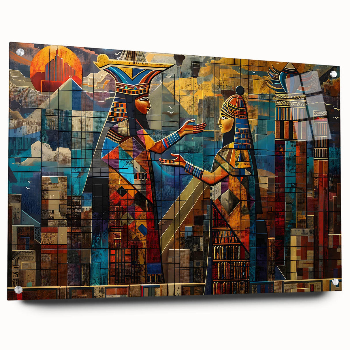 Acrylic print of a Middle Eastern landscape, featuring earthy tones and abstract elements.