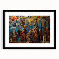 Extra large, textured abstract art print of a colorful Middle Eastern scenery on a framed canvas.