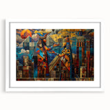 Abstract art print depicting a stylized Middle Eastern landscape in earthy tones, framed in white.