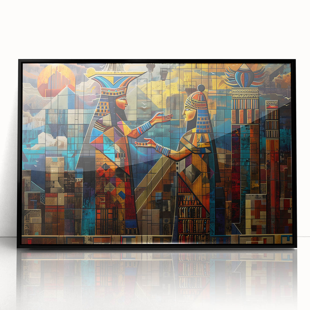 Large abstract wall art depicting a Middle Eastern scene in muted earth tones on a framed acrylic.