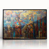 Large abstract wall art depicting a Middle Eastern scene in muted earth tones on a framed acrylic.