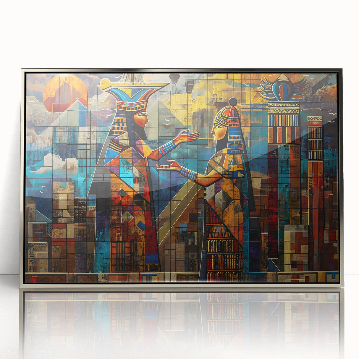 Mid-century modernist art depicting a Middle Eastern landscape in muted earth tones, framed in silver acrylic.