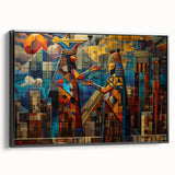 Black and white wall art featuring a vintage poster style landscape of a Middle Eastern scenery on framed canvas.