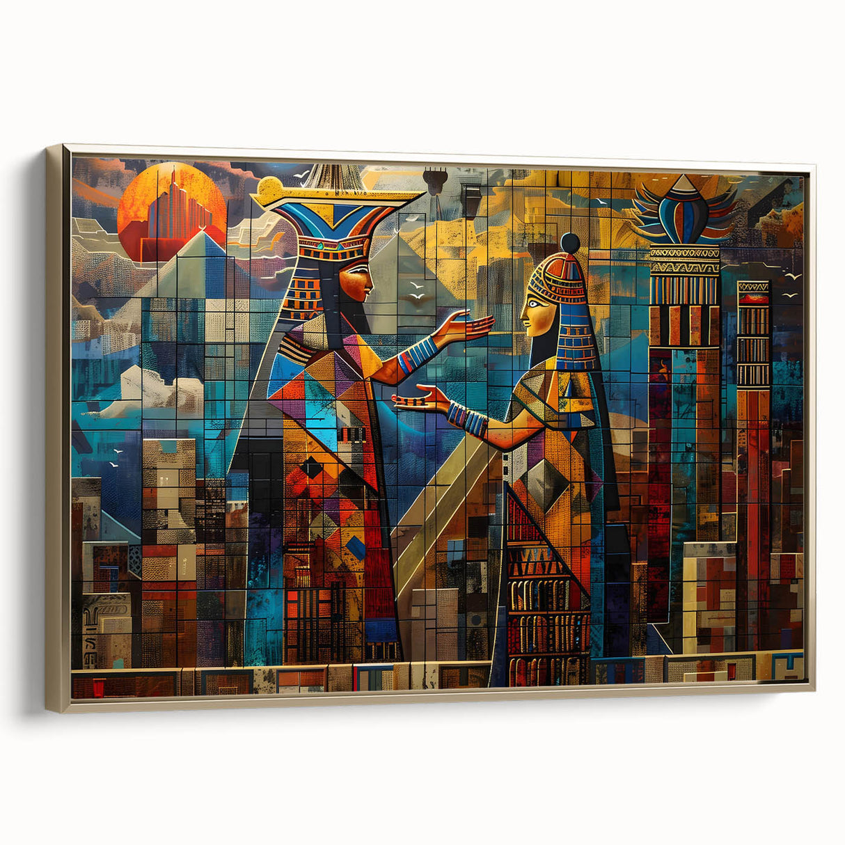 Framed canvas featuring a vintage-style landscape painting of a Middle Eastern scene in gold and black tones.