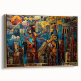 Framed canvas featuring a vintage-style landscape painting of a Middle Eastern scene in gold and black tones.