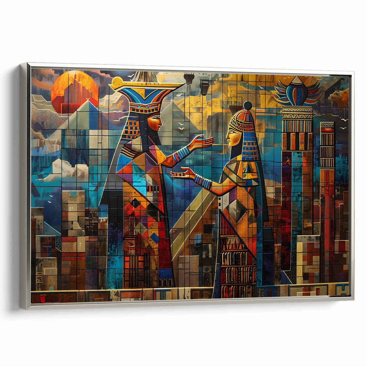 Framed canvas landscape art painting depicting a vibrant Middle Eastern scenery, ideal for adding color to a living room.
