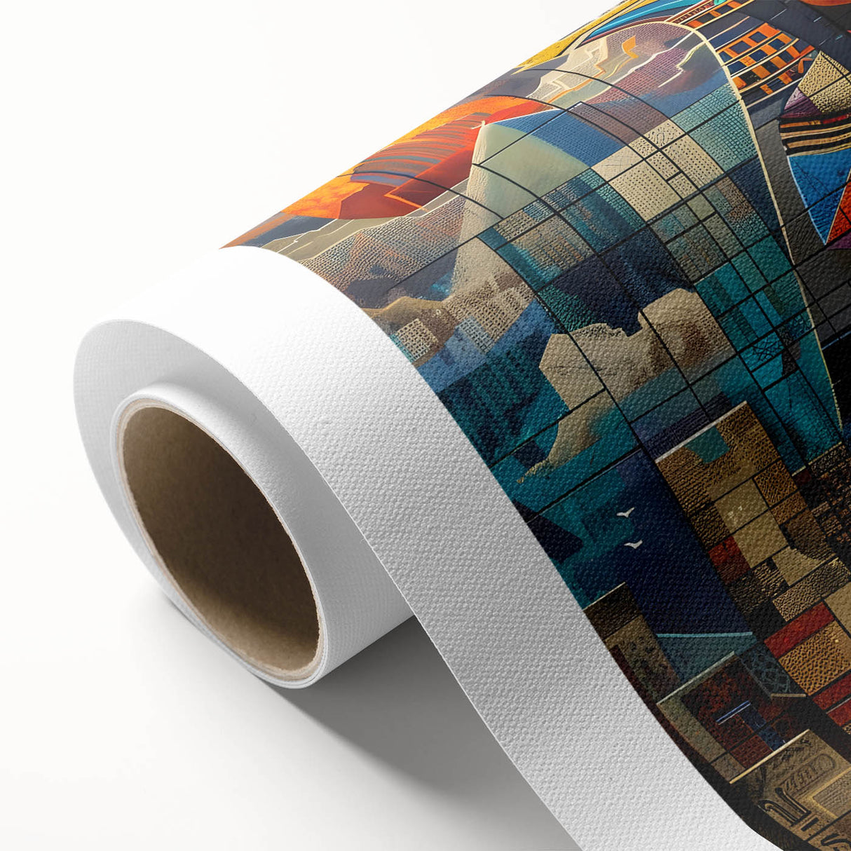 Art Deco style poster of a Middle Eastern landscape on rolled canvas, with muted earth tones.